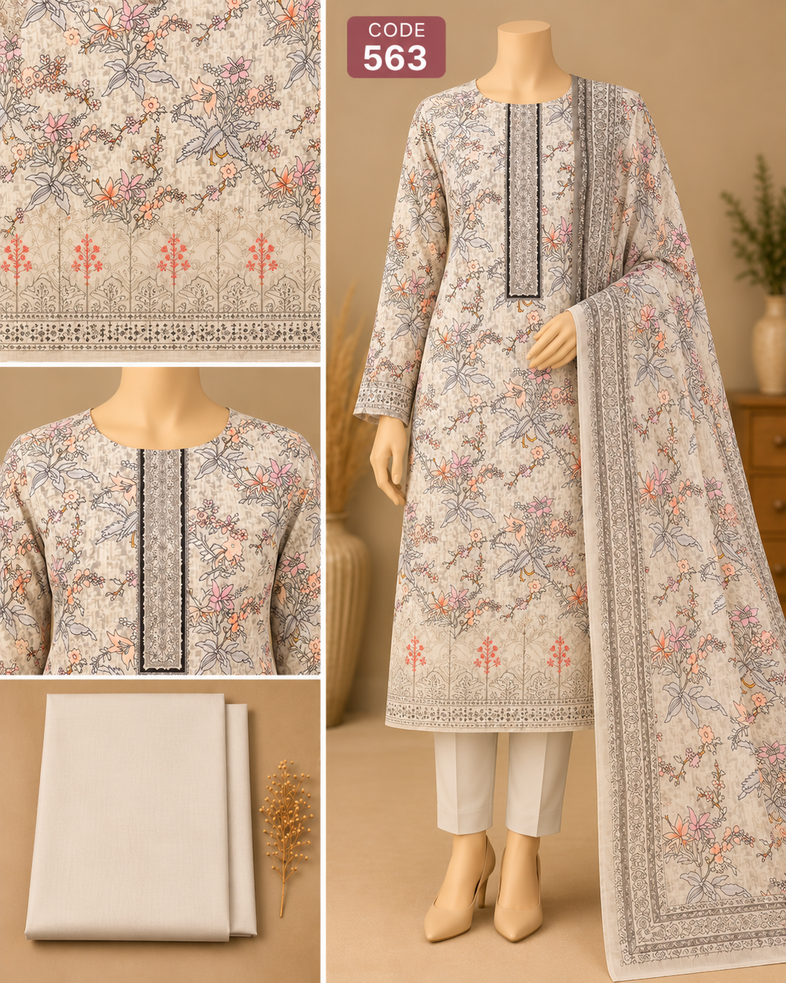 Premium Floral Printed Three-Piece C563