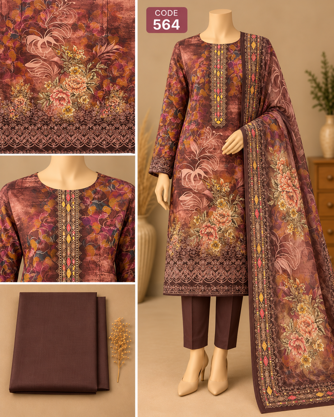 Premium Floral Printed Three-Piece C564