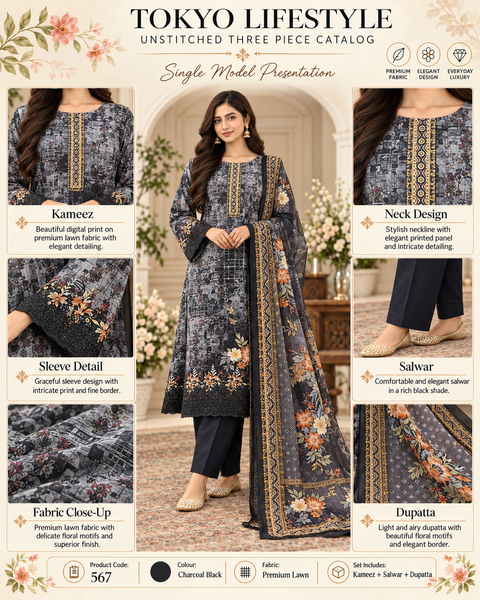 Premium Floral Printed Unready Three-Piece C567