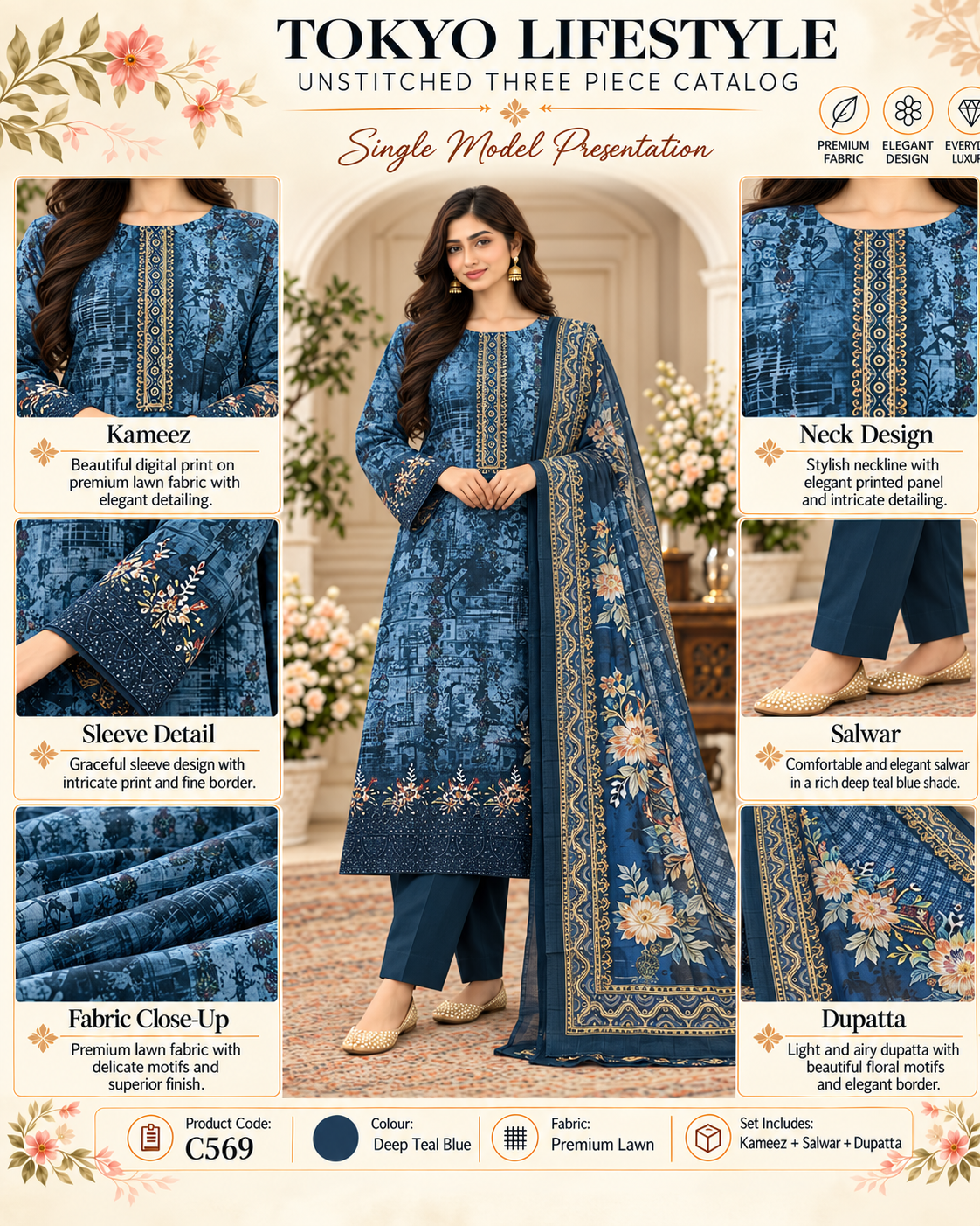 Premium Floral Printed Unready Three-Piece C569
