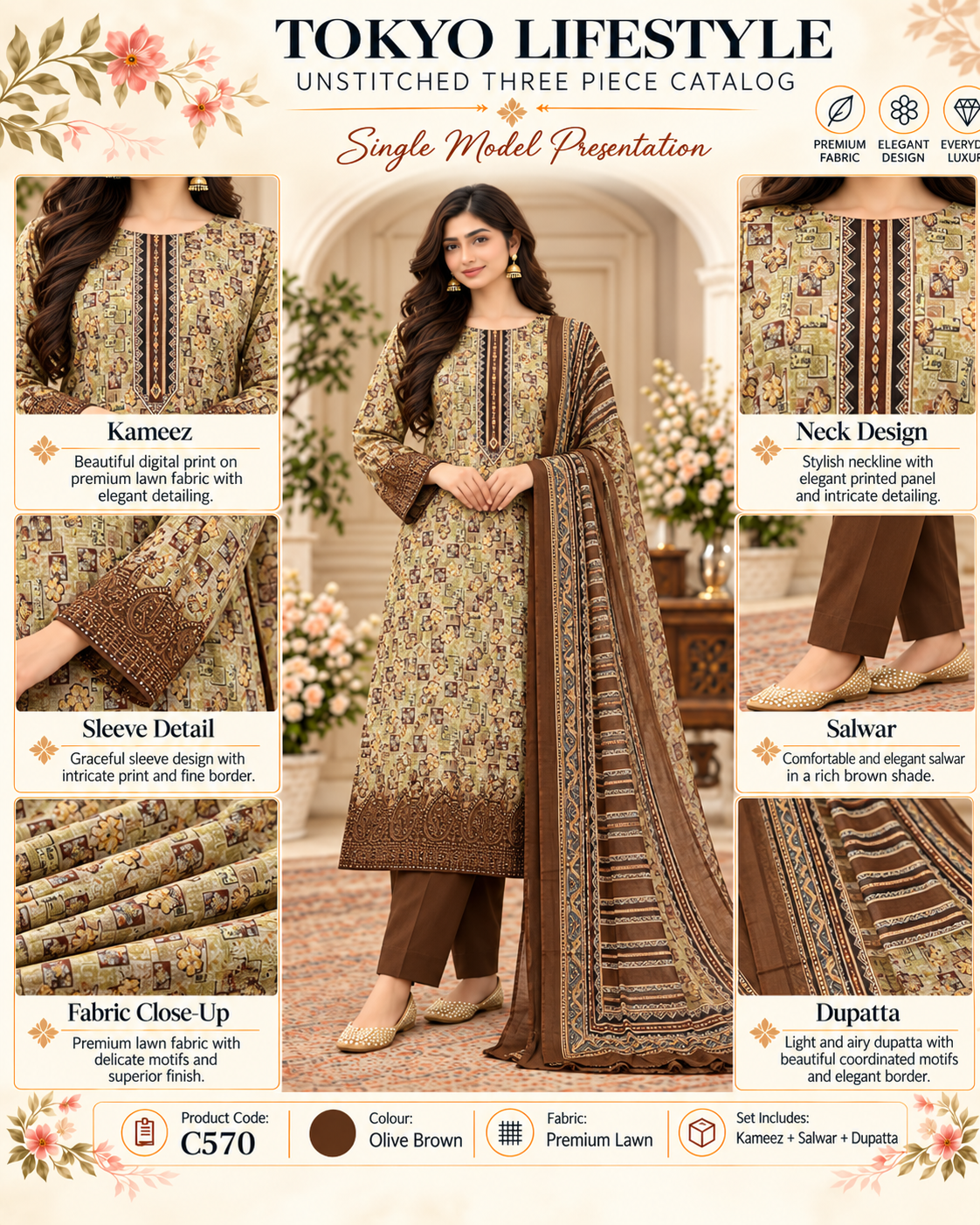 Premium Floral Printed Unready Three-Piece C570