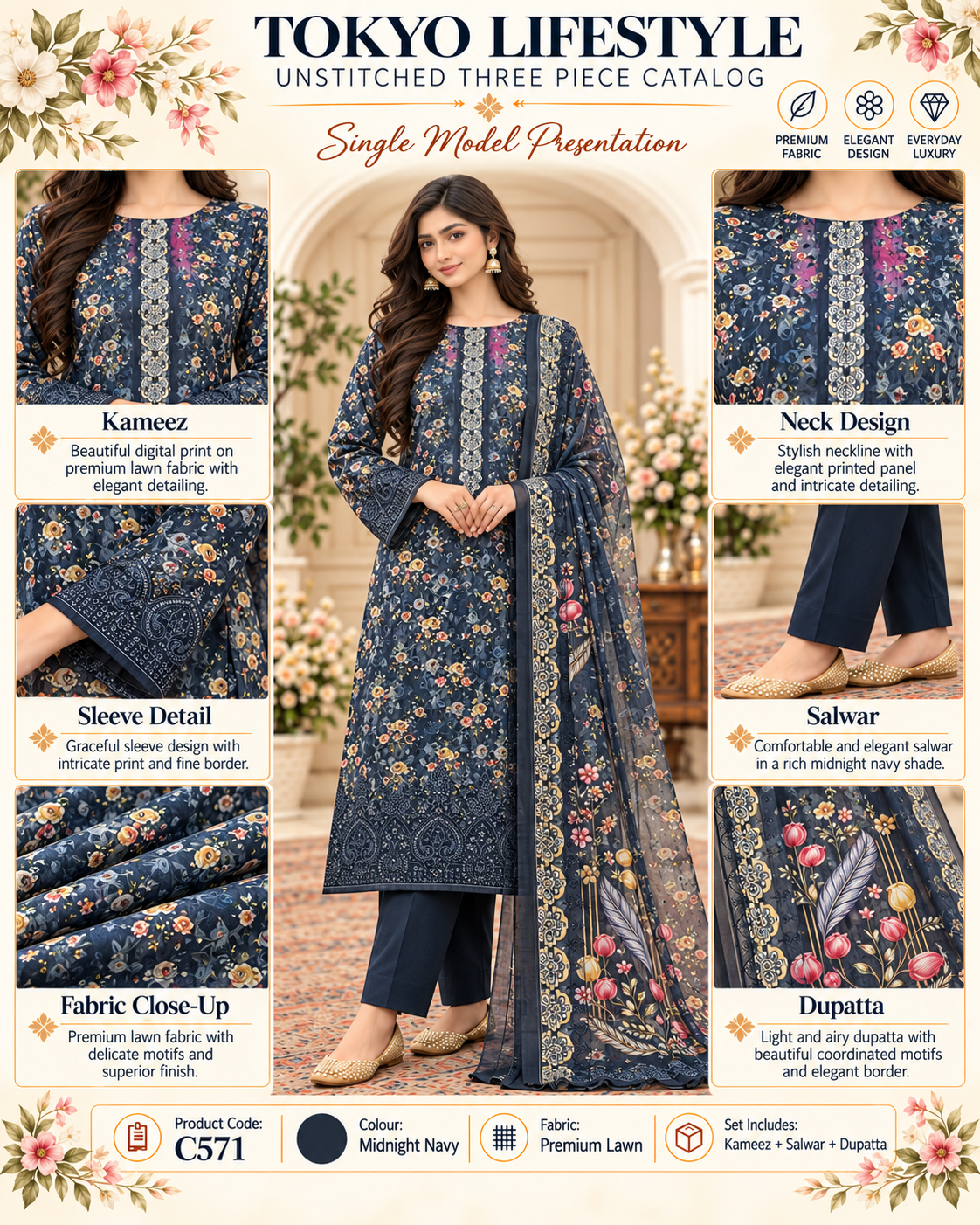 Premium Floral Unready Printed Three-Piece C571