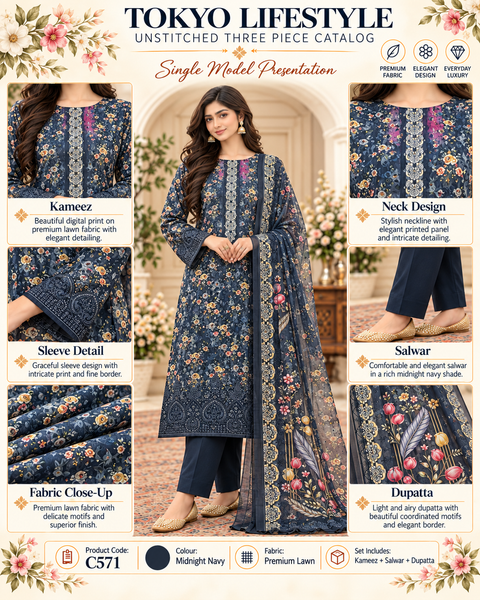 Premium Floral Unready Printed Three-Piece C571