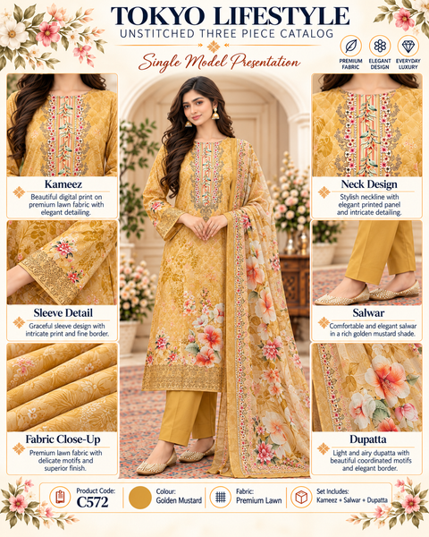 Premium Floral Printed Unready Three-Piece C572