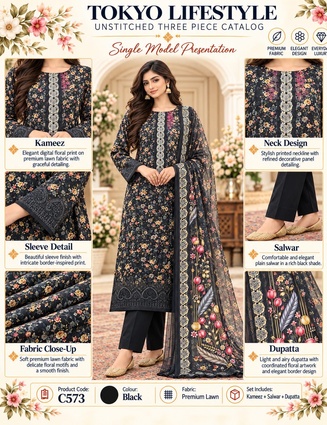 Premium Floral Printed Unready Three-Piece C573