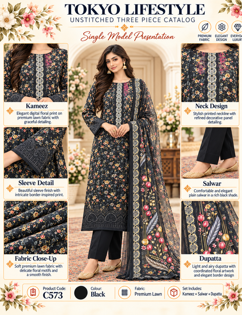 Premium Floral Printed Unready Three-Piece C573