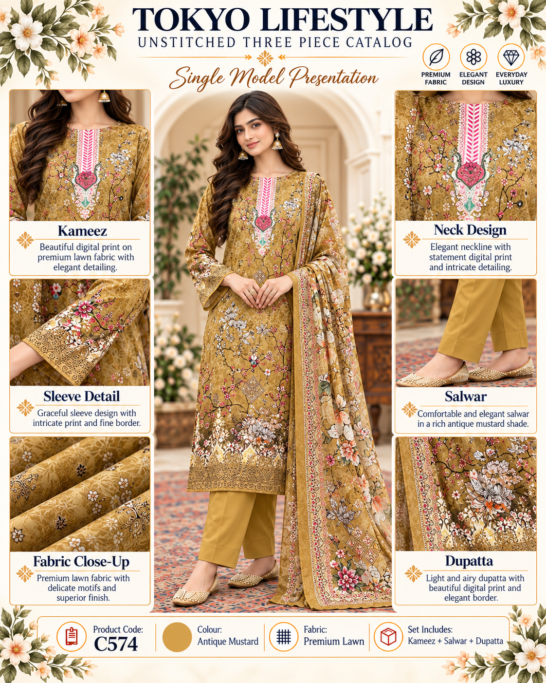 Premium Floral Printed Unready Three-Piece C574