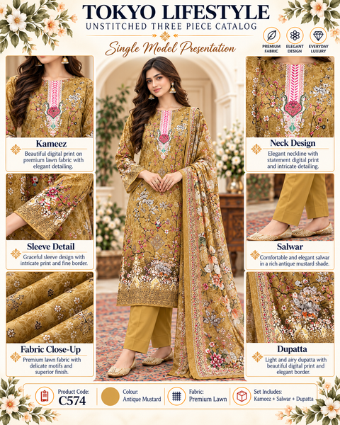 Premium Floral Printed Unready Three-Piece C574