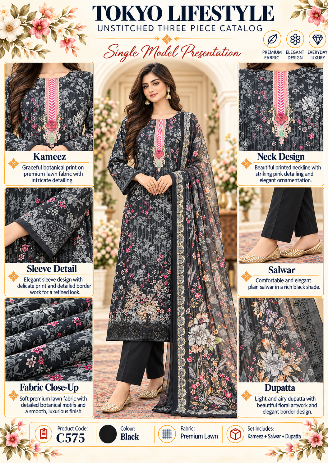 Premium Floral Printed Unready Three-Piece C575