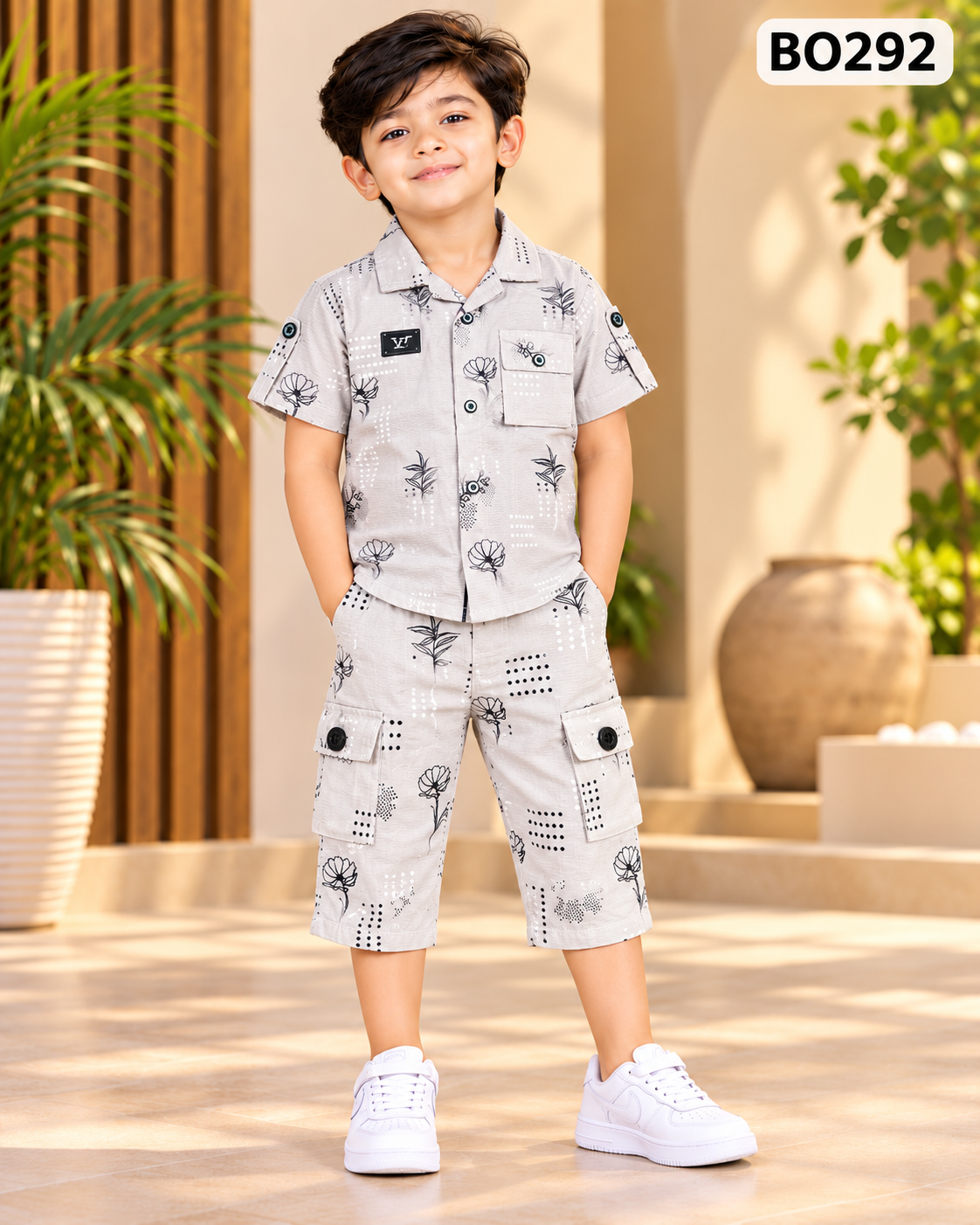 Boys Printed Short Sleeve Shirt & Cargo Shorts Set-BO292