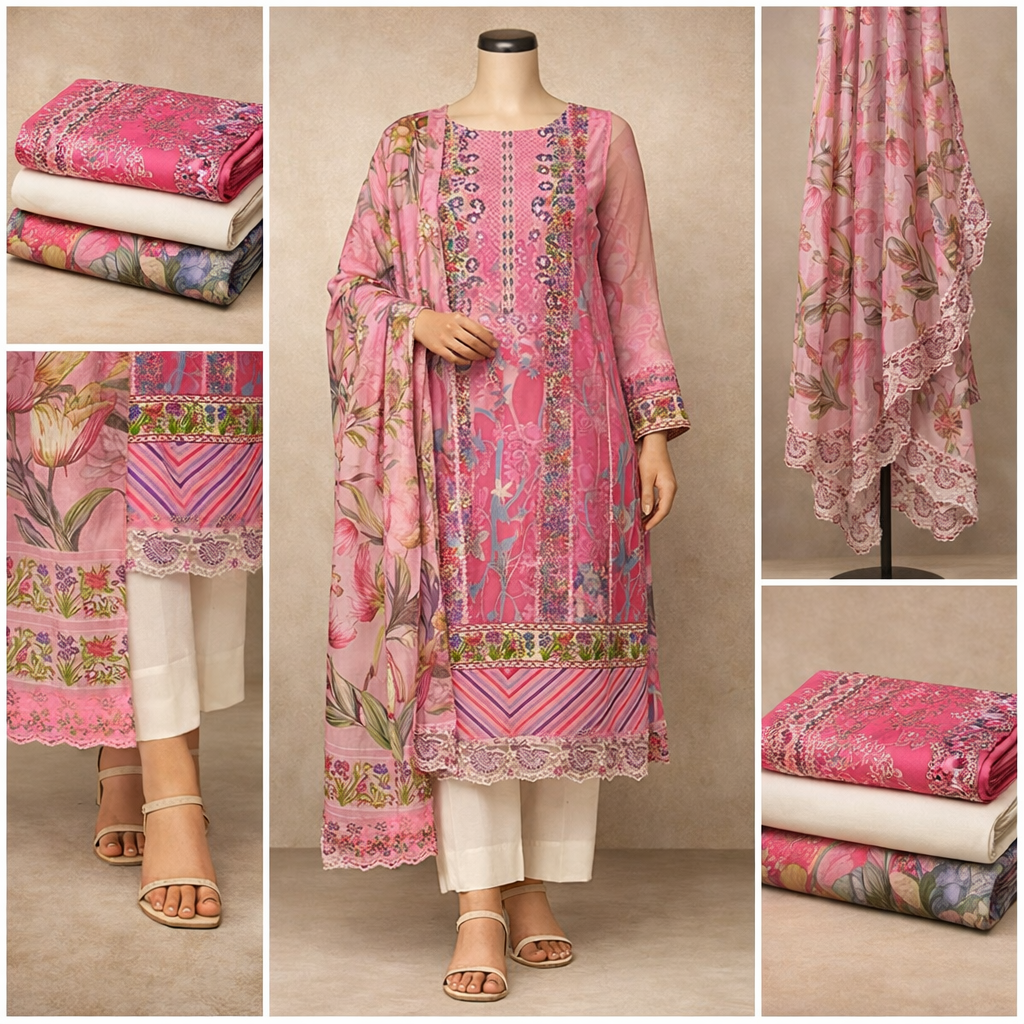 Premium Floral Printed Lawn Three Piece Suit Set 1106
