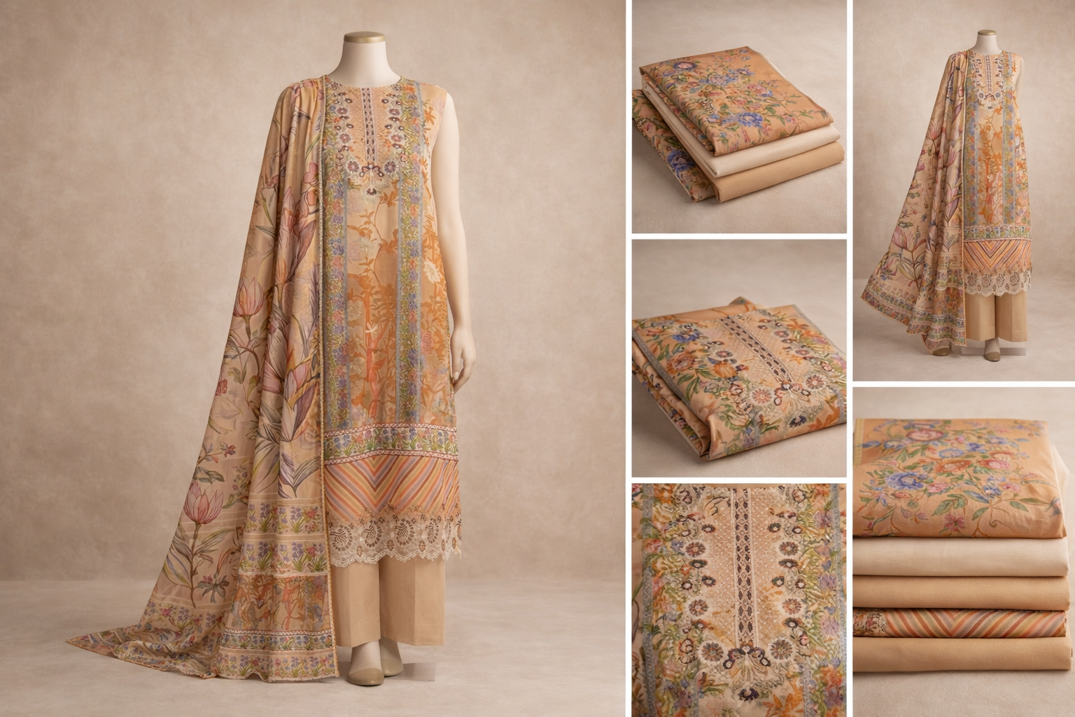 Premium Floral Printed Lawn Three Piece Suit Set 1107