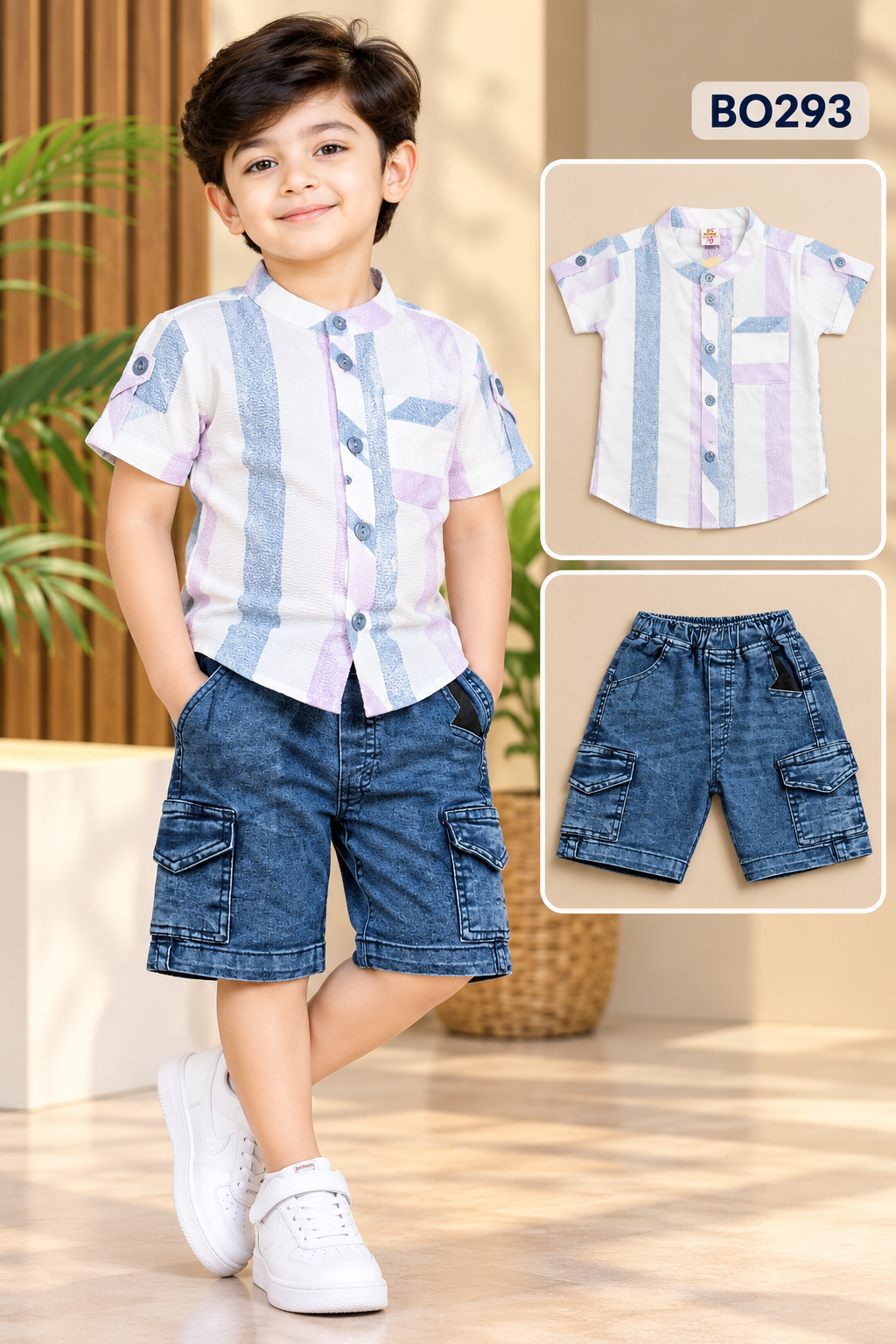 Boys Printed Short Sleeve Shirt & Cargo Shorts Set-BO293