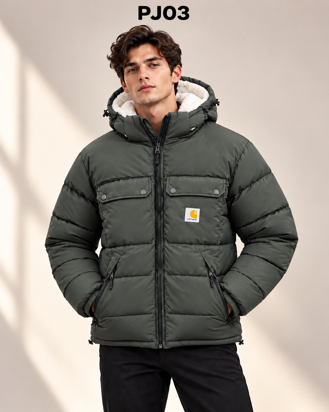 Men’s Premium Puffer Jacket with Utility Pockets – Olive PJ03
