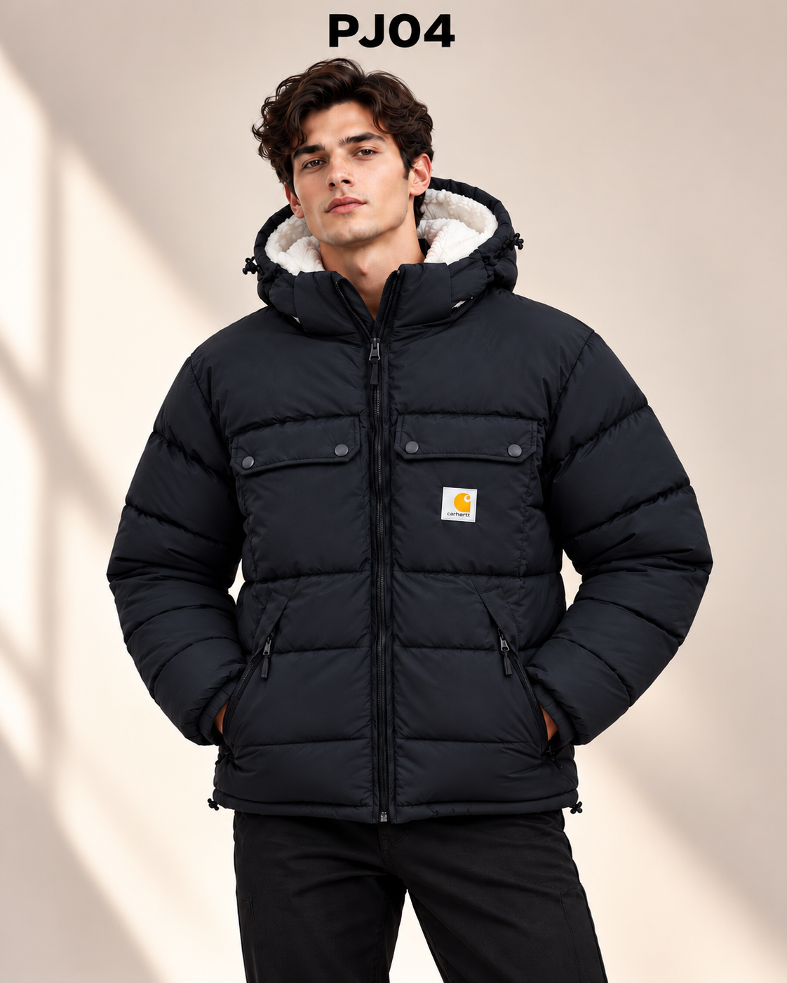 Men’s Premium Puffer Jacket with Utility Pockets – Black PJ04