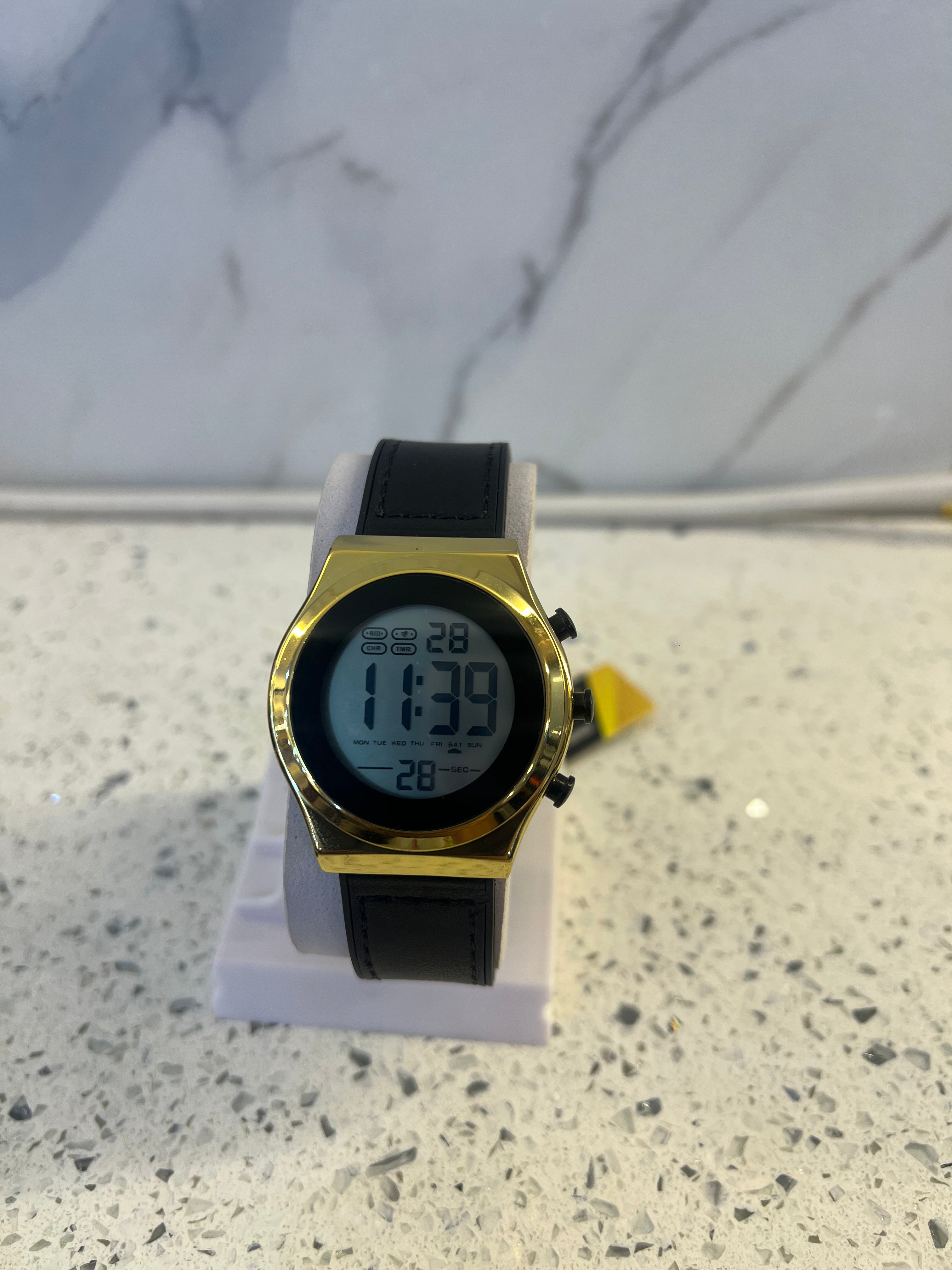 Premium Gold-Tone Digital Leather Strap Watch – W49
