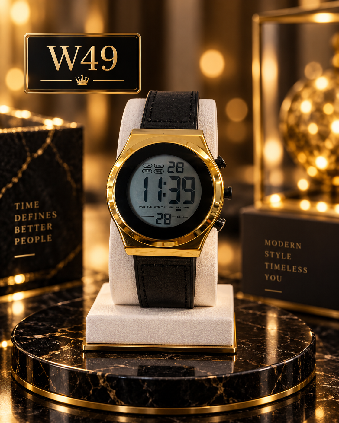 Premium Gold-Tone Digital Leather Strap Watch – W49