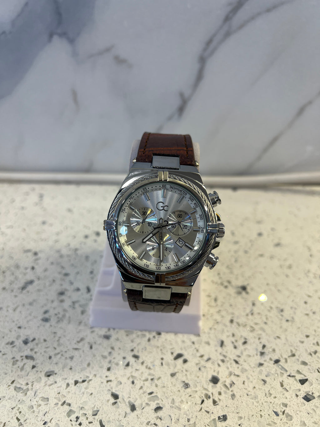 Premium GC Chronograph Silver Dial Brown Leather Strap Watch – W50