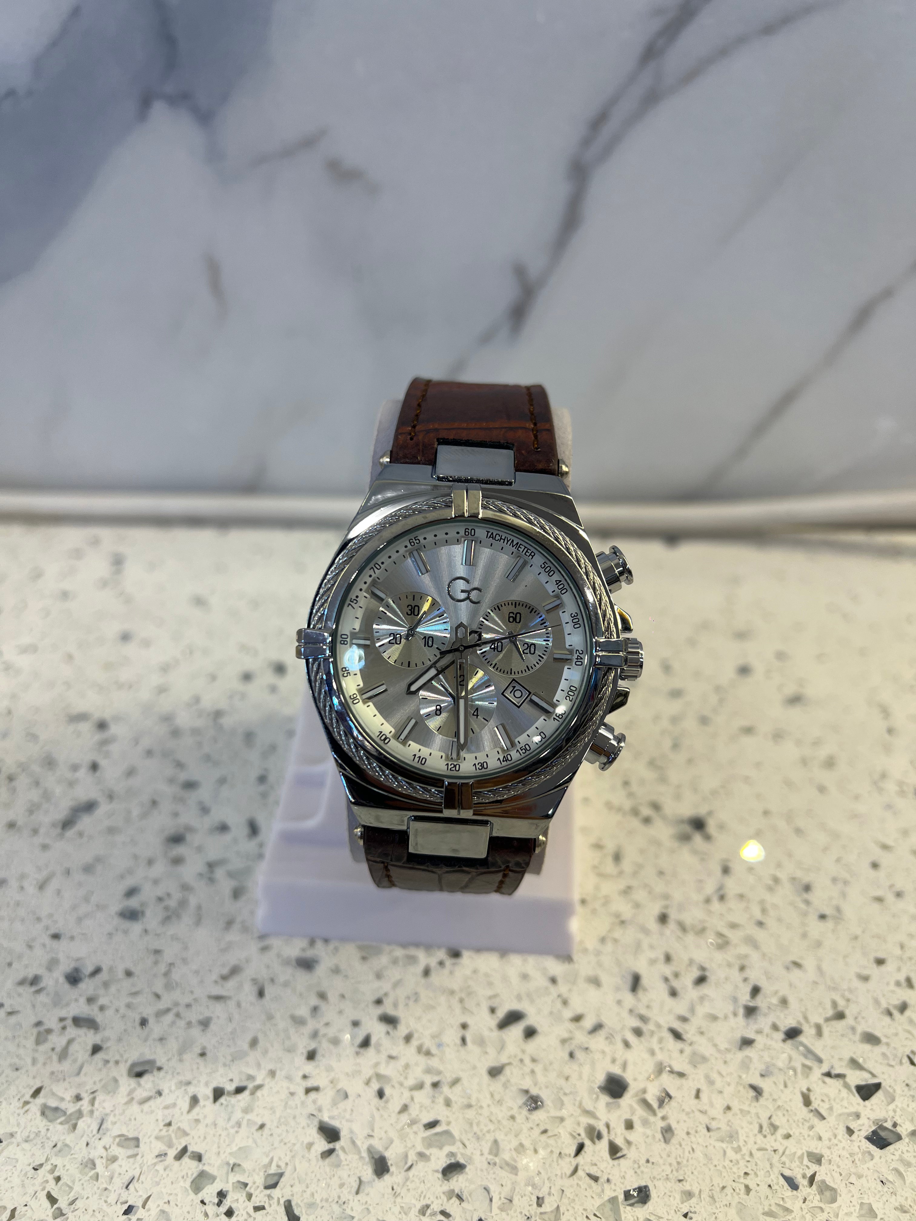 Premium GC Chronograph Silver Dial Brown Leather Strap Watch – W50