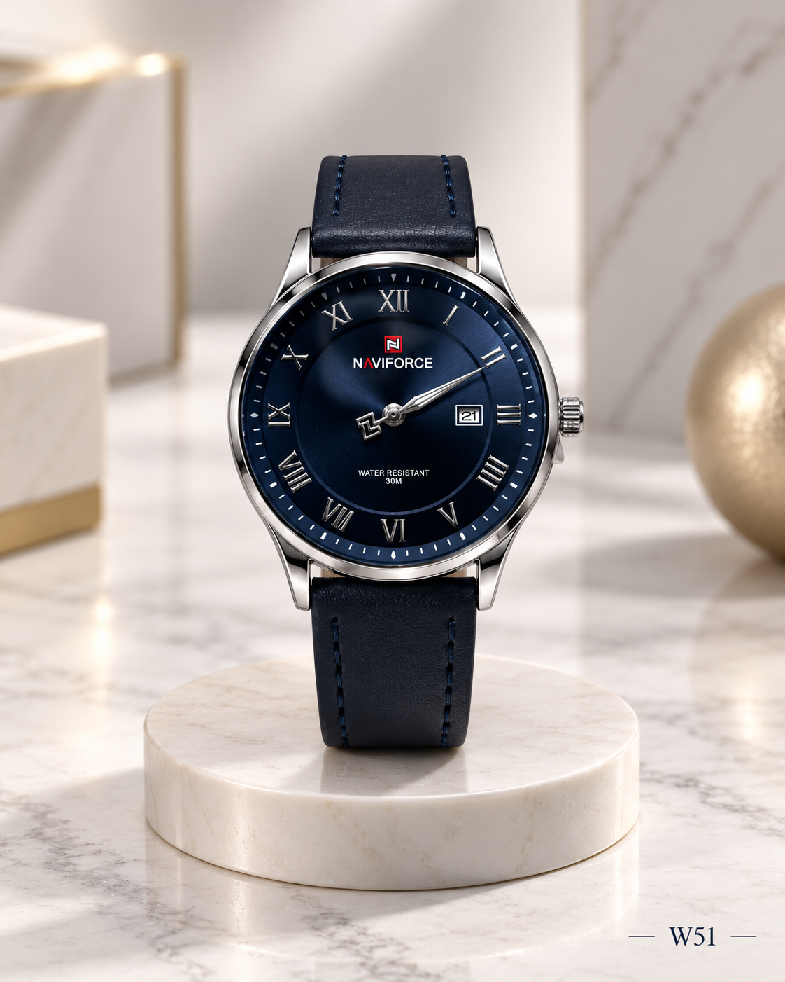 Premium Naviforce Classic Blue Dial Leather Strap Watch – W51