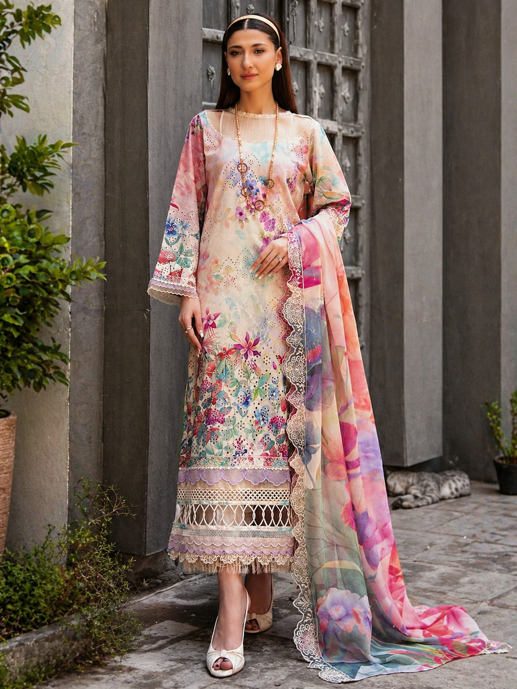 Luxury Digital Printed Lawn Three Piece Set-C190