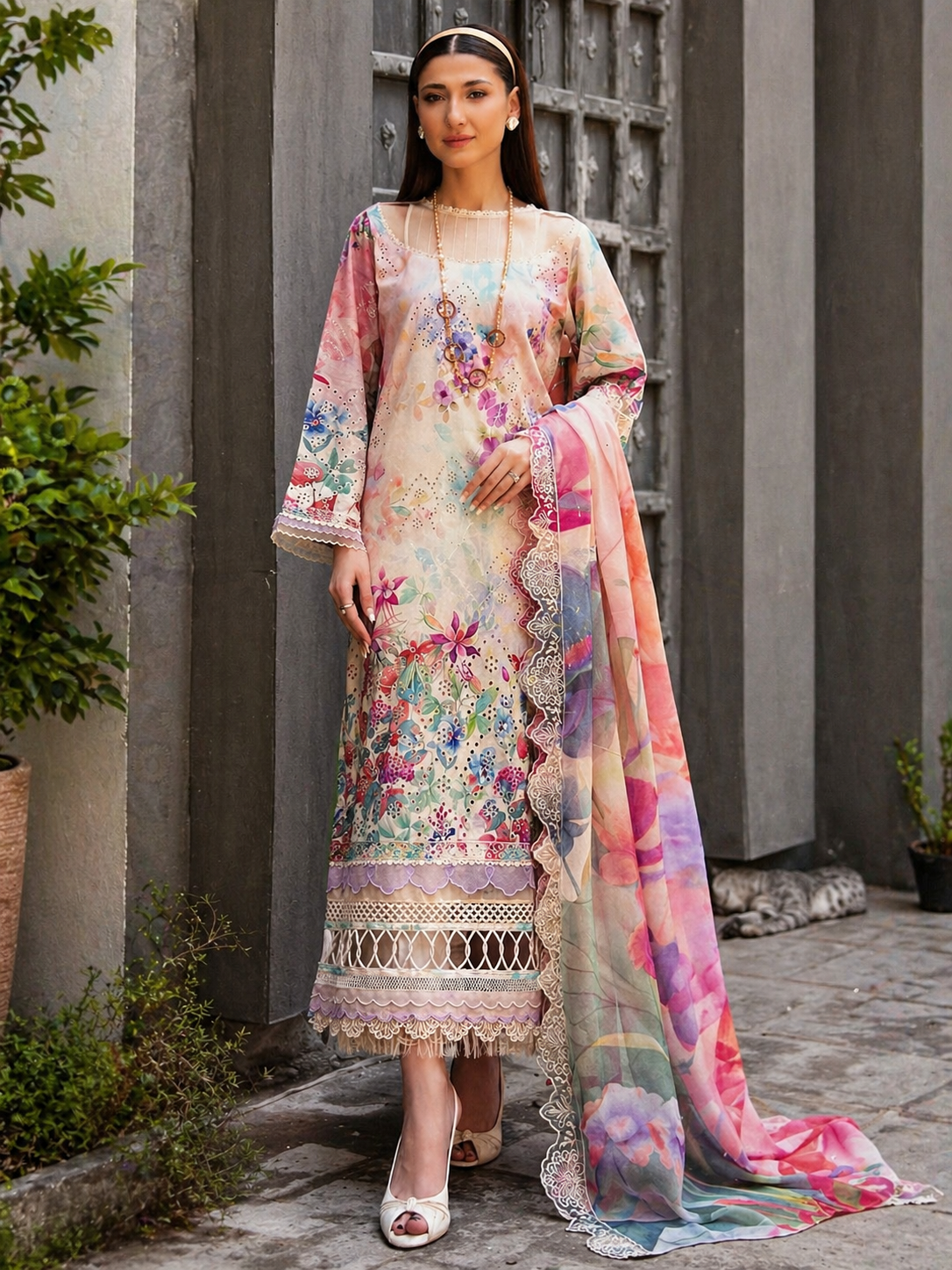 Luxury Digital Printed Lawn Three Piece Set-C190
