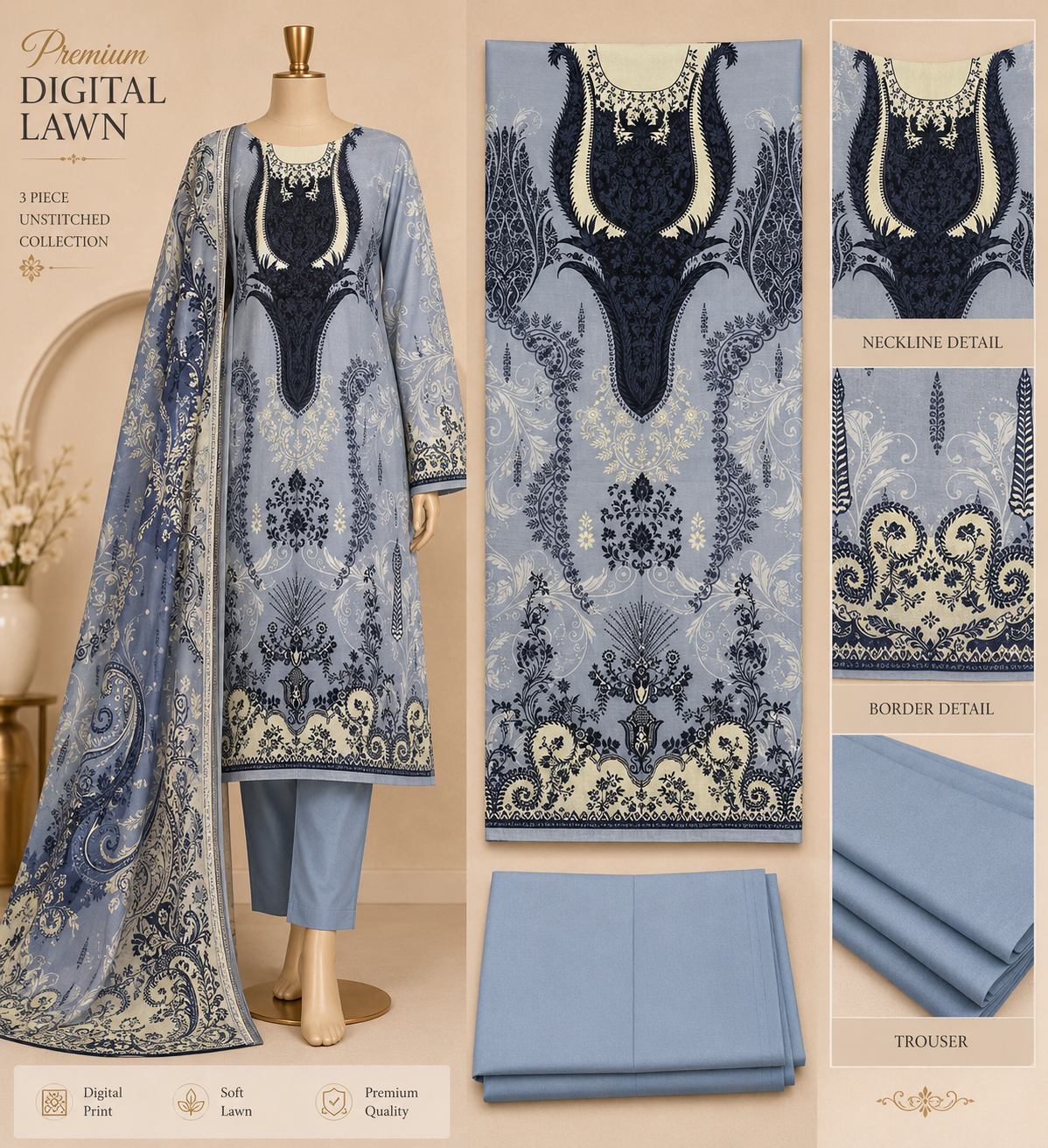 Premium Floral Unready Three Piece-C316
