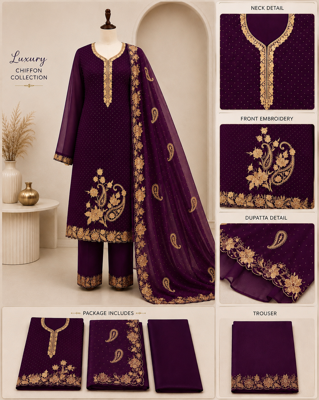 Premium Embroidered Chiffon Salwar Kameez Set-C385