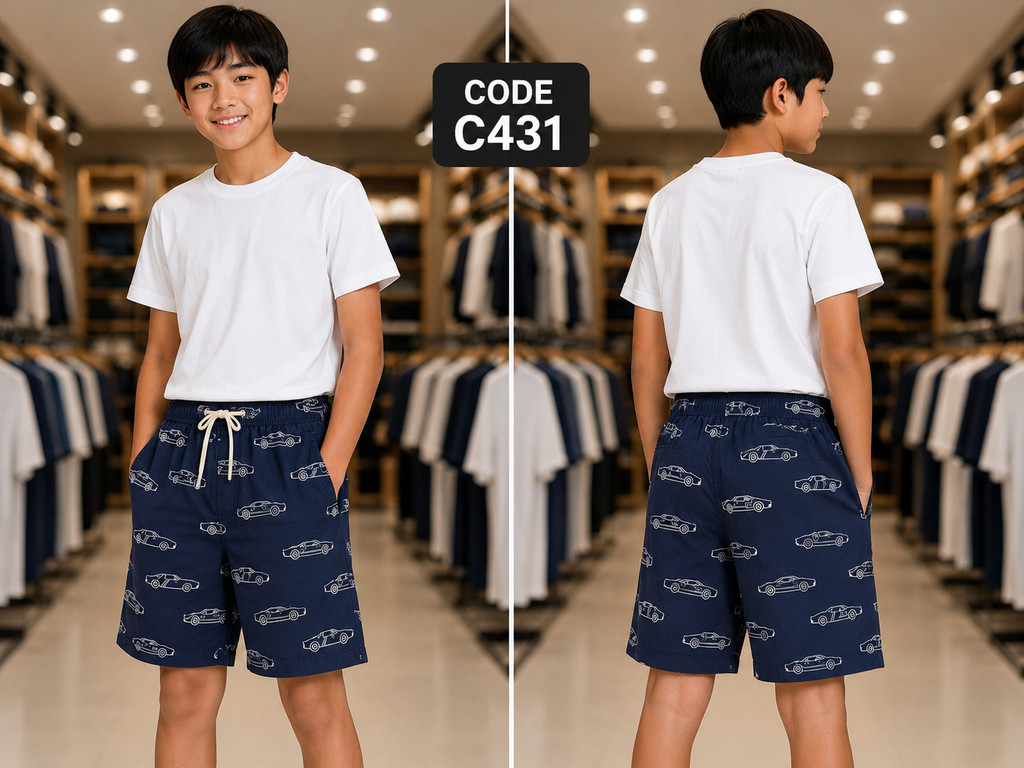 Premium Boys Casual Shorts Navy with White Car-C431