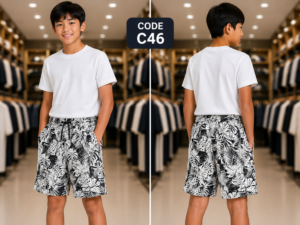 Premium Boys Casual Shorts Black & White Tropical Print-C46