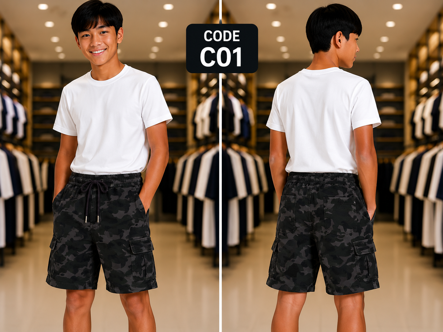 Premium Boys Casual Shorts Charcoal Black Camo-C01