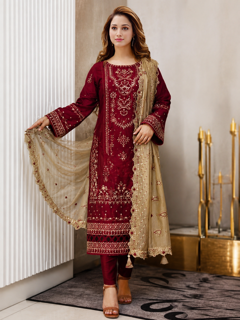 Elegant Festive Ethnic Three Piece College Burgundy-C446