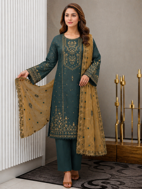 Elegant Festive Ethnic Three Piece Deep Teal & Antique Gold-C447
