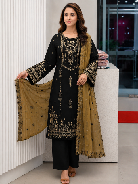 Elegant Festive Ethnic Three Piece Jet Black & Antique Gold-C448