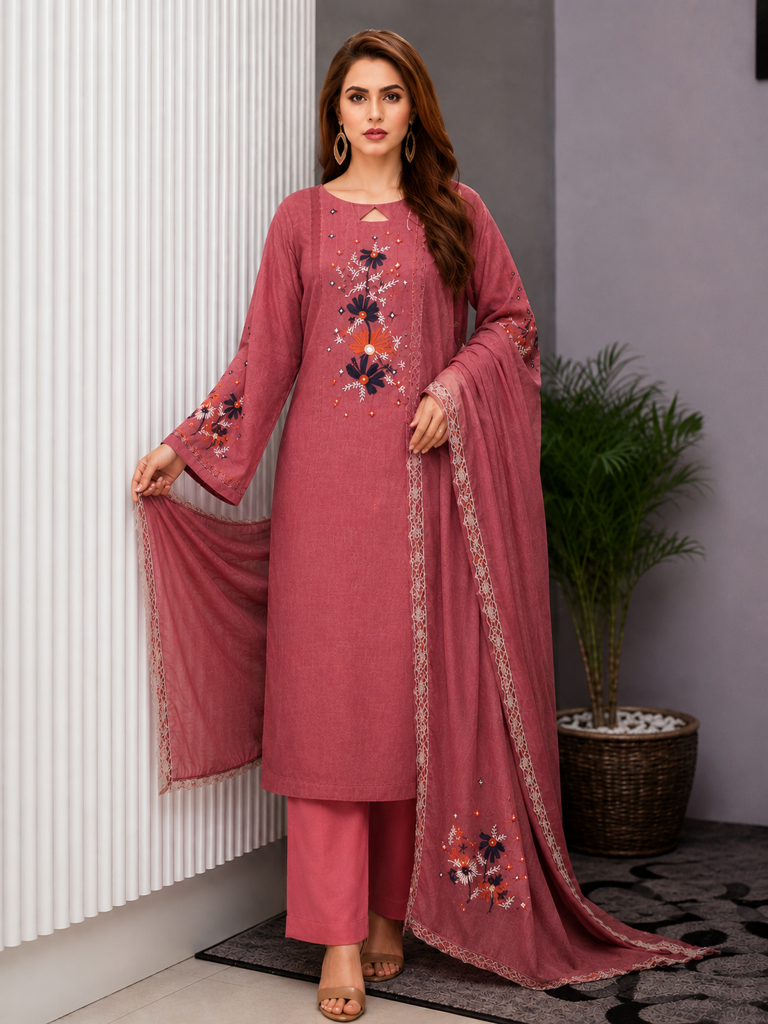 Elegant Bloom Embroidered Three Piece Dusty Rose Pink-C449