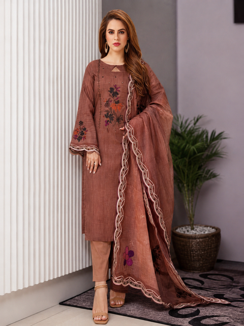 Elegant Bloom Embroidered Three Piece Chocolate Brown-C449