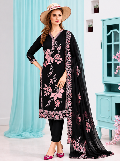 Midnight Bloom Embroidered Three Piece-C451
