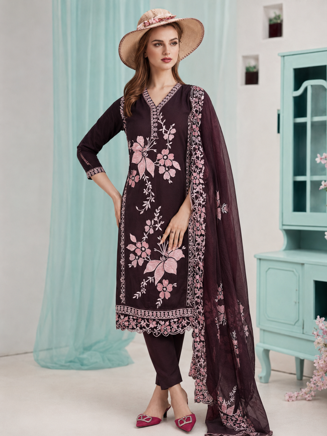 Midnight Bloom Embroidered Three Piece-C450