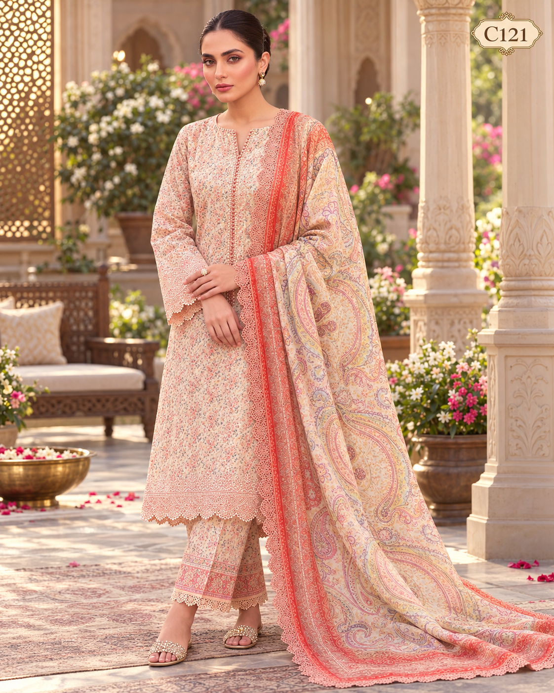 Premium Women's Elegant Paisley Printed Three Piece Set – C121