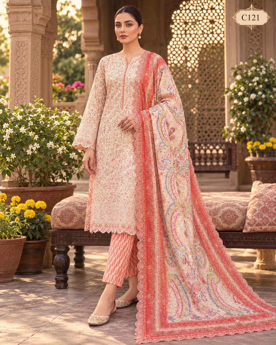 Premium Women's Elegant Paisley Printed Three Piece Set – C121