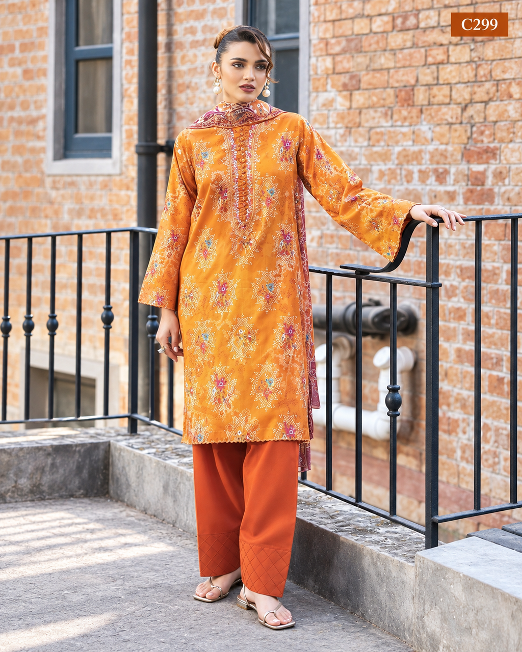 Premium Women's Orange Printed Three Piece Set – C299