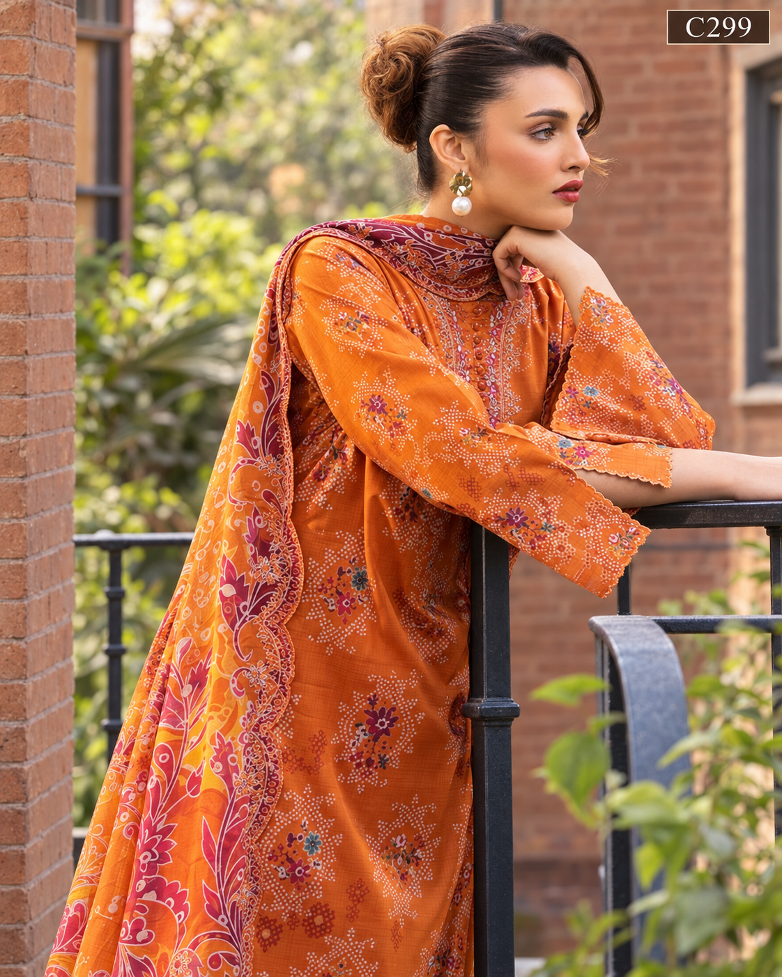 Premium Women's Orange Printed Three Piece Set – C299