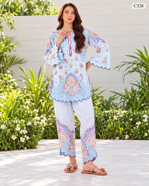 Premium Women's Sky Blue Floral Printed Two Piece Set – C328