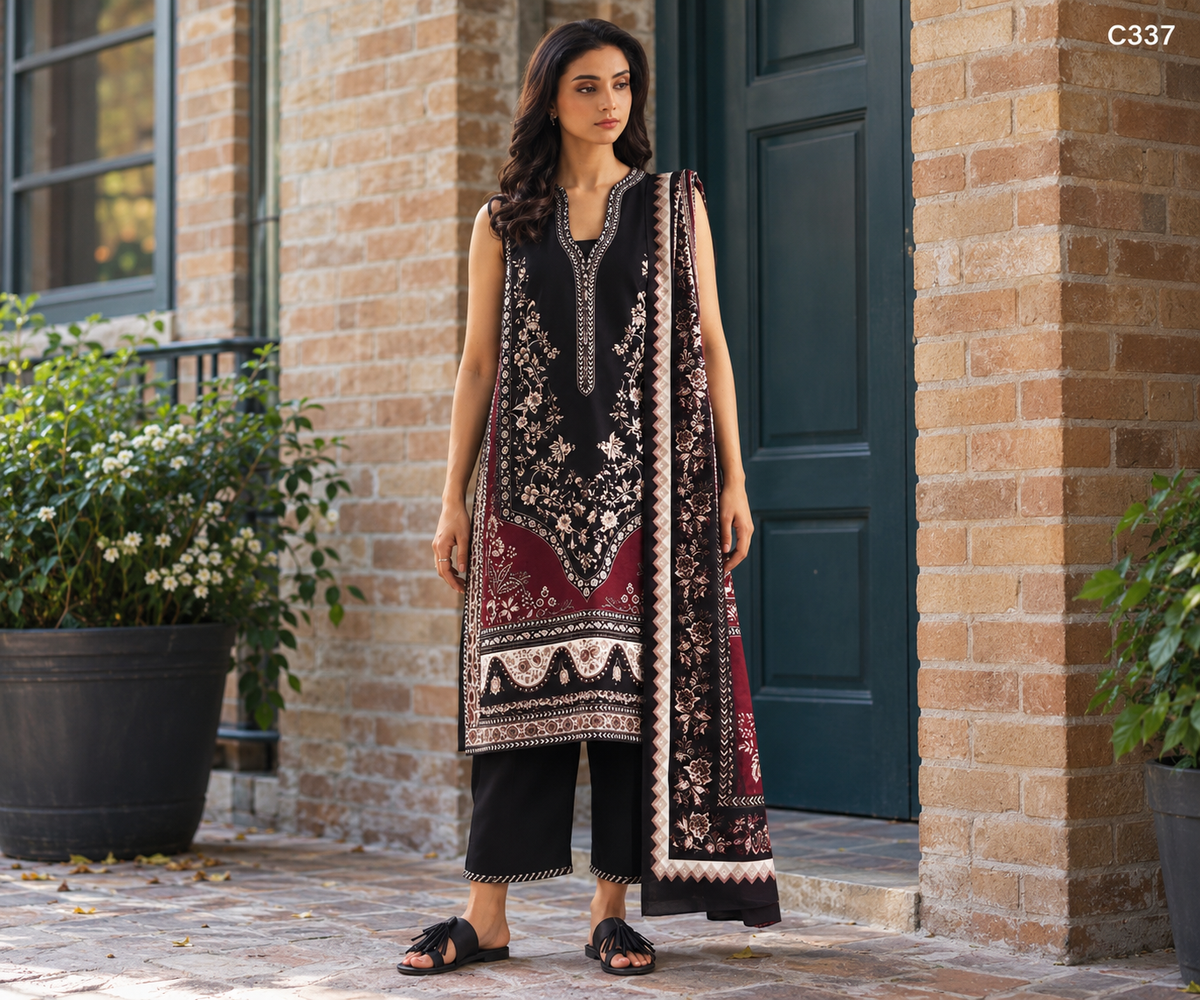 Premium Women's Black & Maroon Floral Printed Three Piece Set – C337