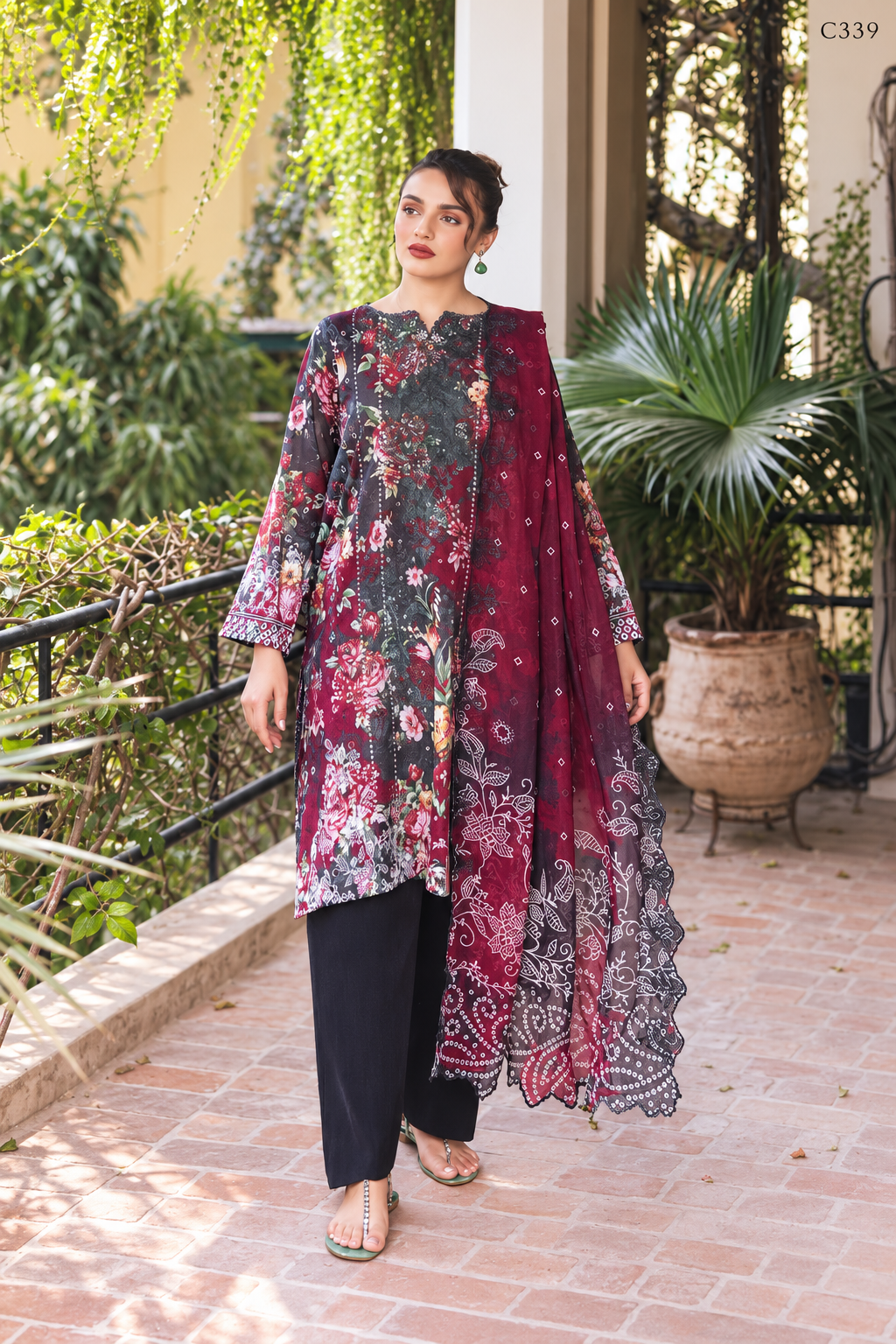Premium Women's Burgundy & Black Floral Printed Three Piece Set – C339