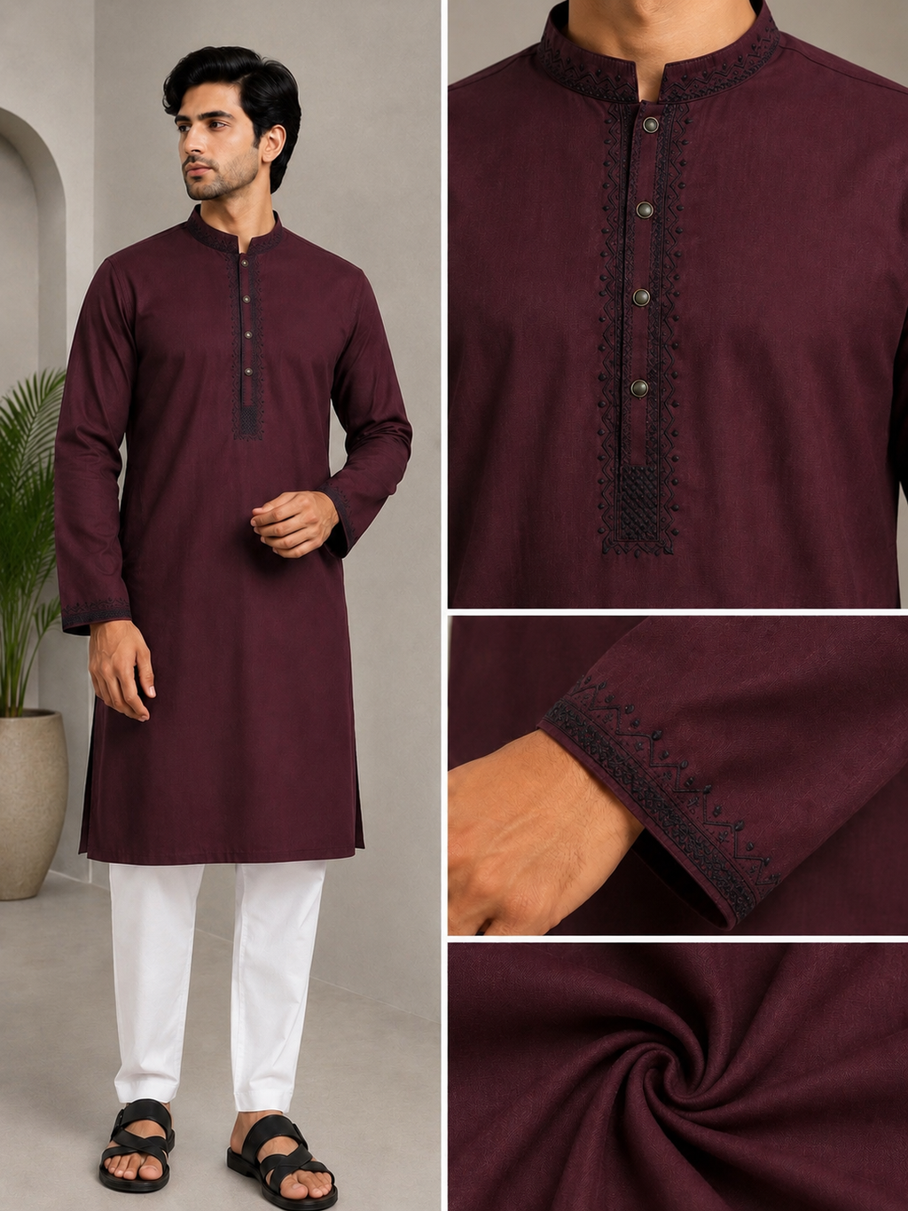 GATSBY Mens Panjabi KE2614 Deep Maroon