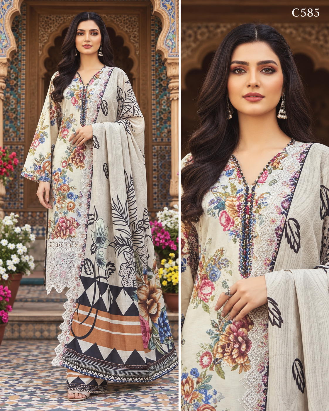 Premium Women's Ivory Cream Floral Printed Three Piece Set with Lace Detailing – C585