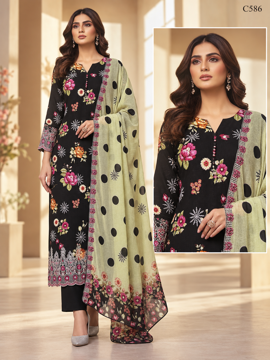 Premium Women's Black Floral Printed Three Piece Set with Sage Green Dupatta – C586