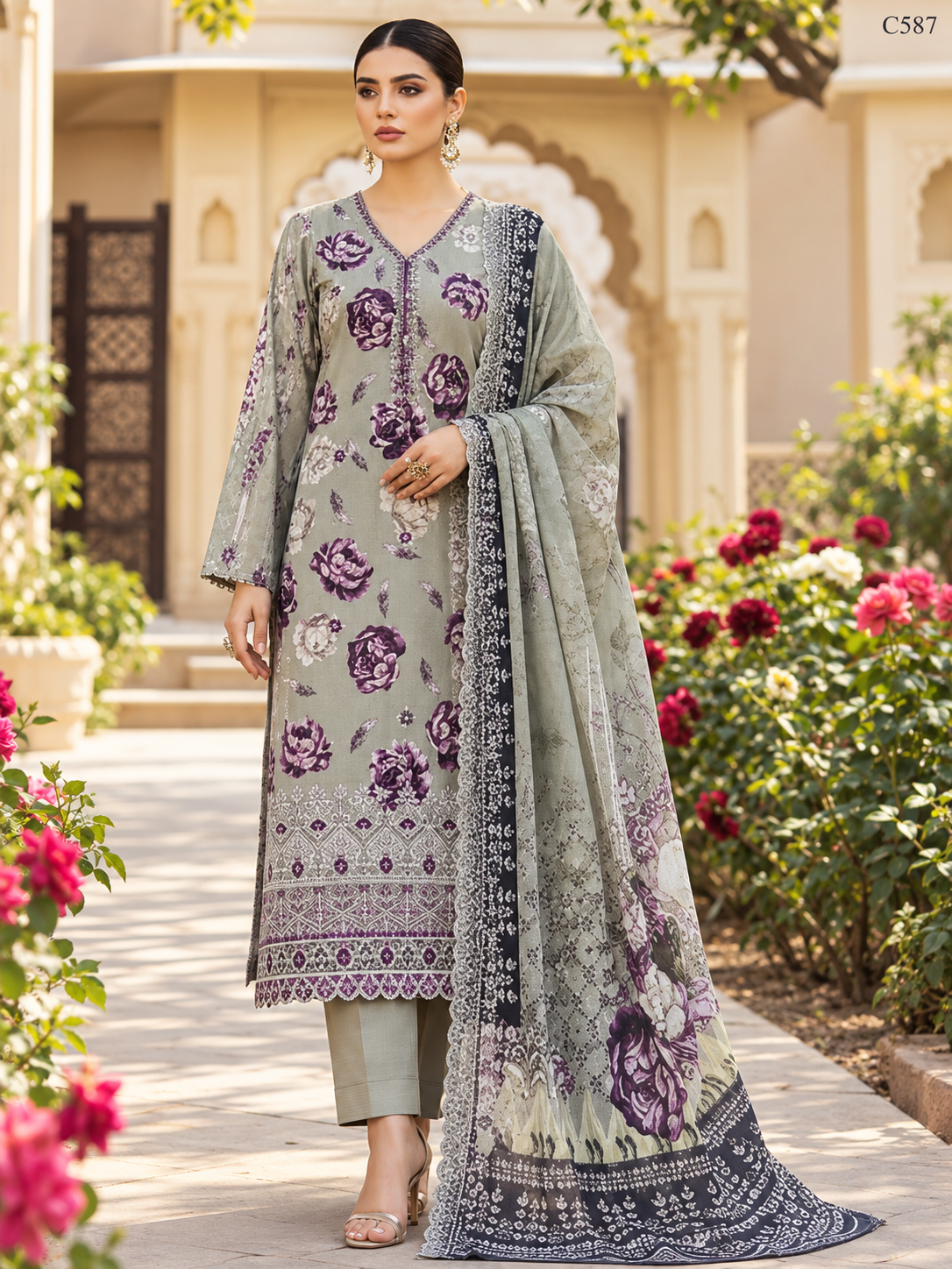 Premium Women's Sage Grey & Purple Floral Printed Three Piece Set with Elegant Dupatta – C587
