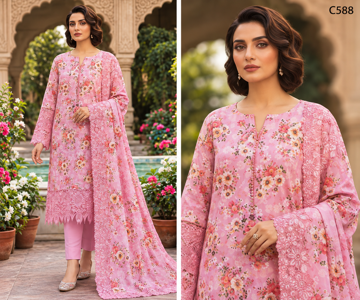 Premium Women's Baby Pink Floral Printed Three Piece Set with Lace Detailing – C588